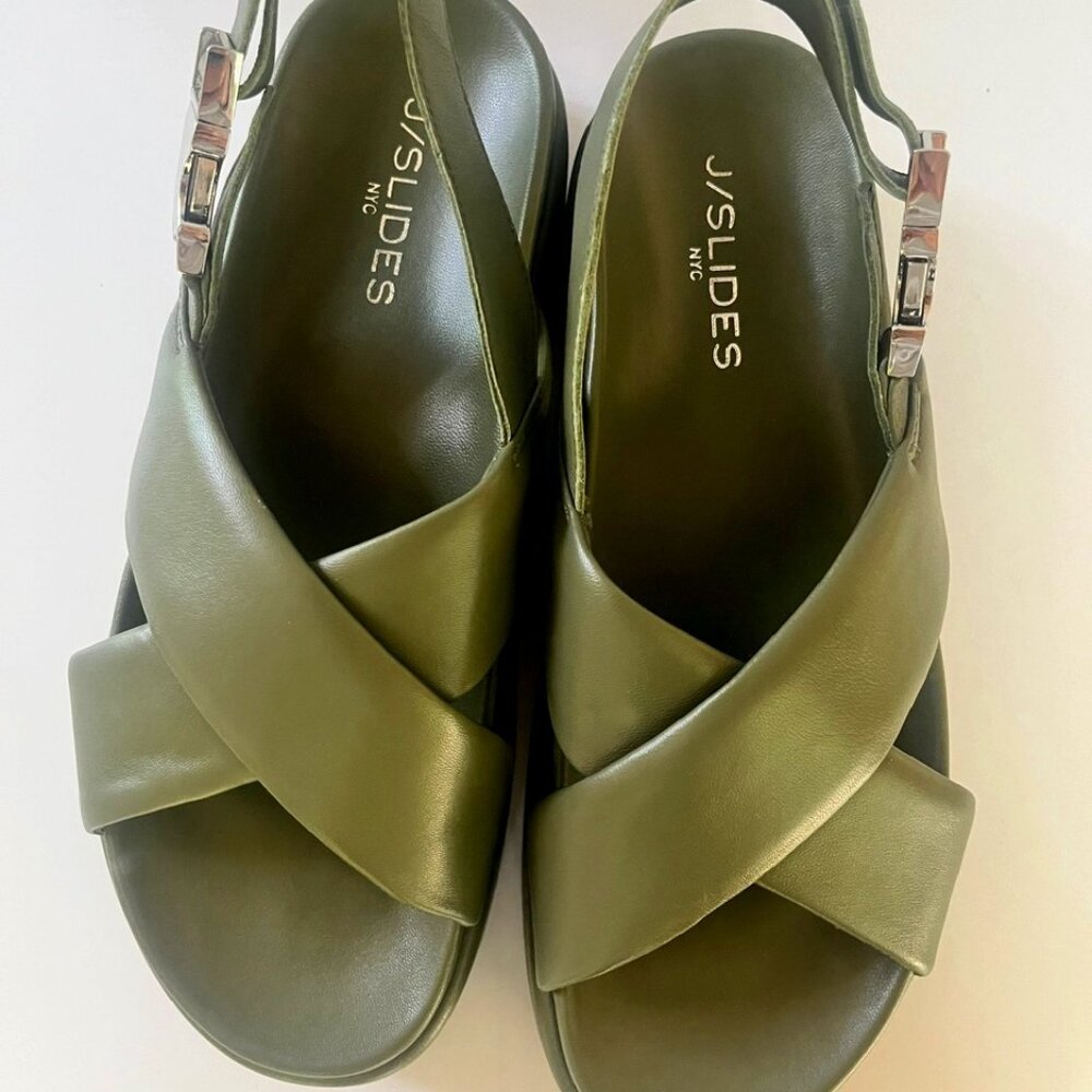 J Slides Sevy Khaki Leather Size 8.5